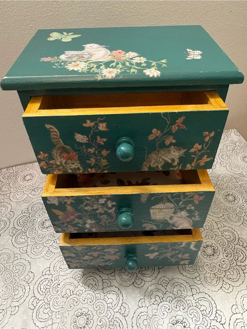Teal Jewelry Chest with Cat & Bird Motif